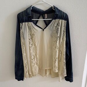 Free People Cream Lace Blouse with Dark Denim-Style Sleeves